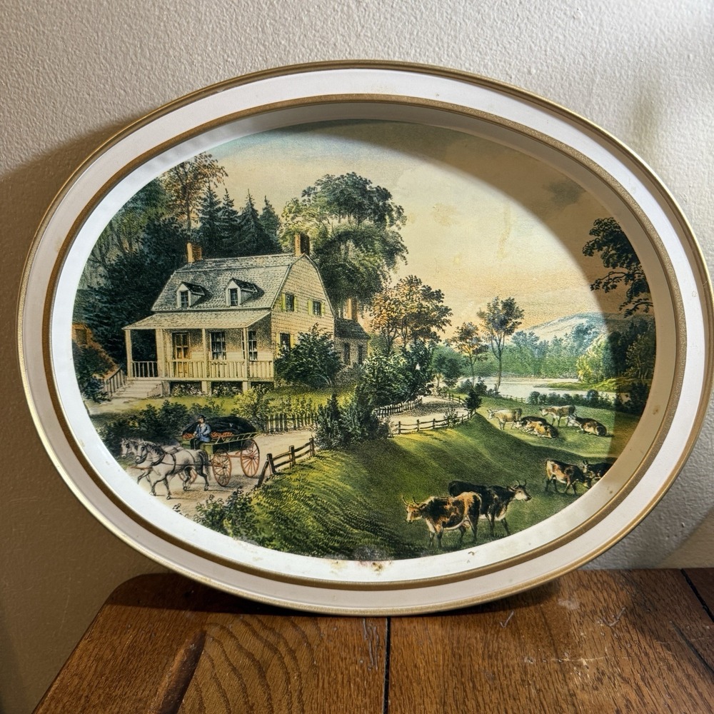 Vintage Currier and Ives Metal Serving Tray The American Homestead - Summer